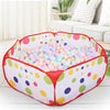 A pink foldable kids play tent with a ball pool pit filled with colorful plastic balls.