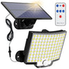 A solar powered motion sensor flood light with a detachable panel and a remote control.