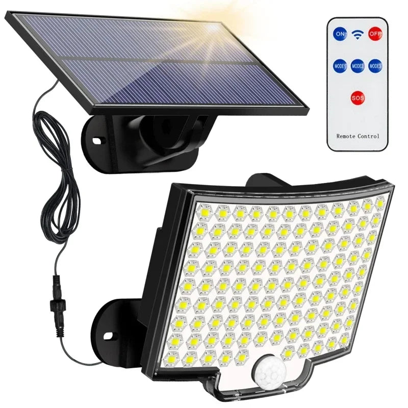A solar powered motion sensor flood light with a detachable panel and a remote control.