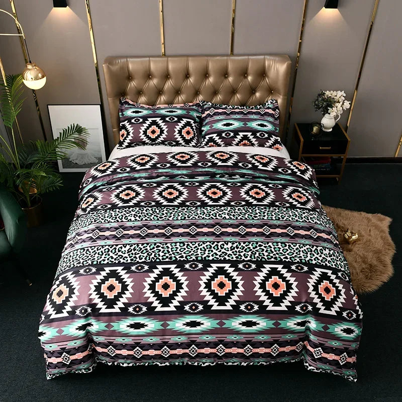 A patterned duvet cover set featuring geometric stripes in purple, pink, and black on a bed with a tufted headboard.