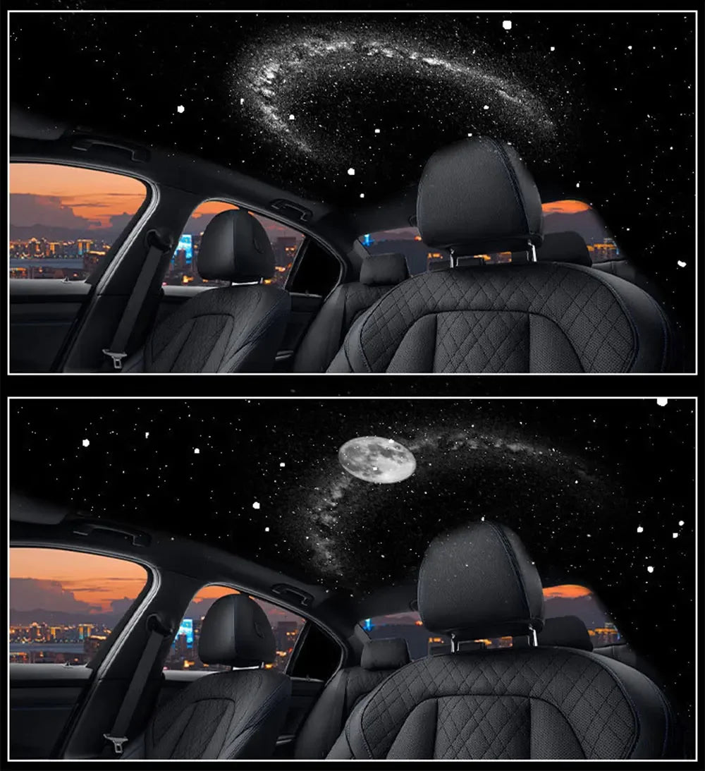 Interior view of a car showing the USB Starry Night ceiling projector illuminating the cabin with a starry night effect.