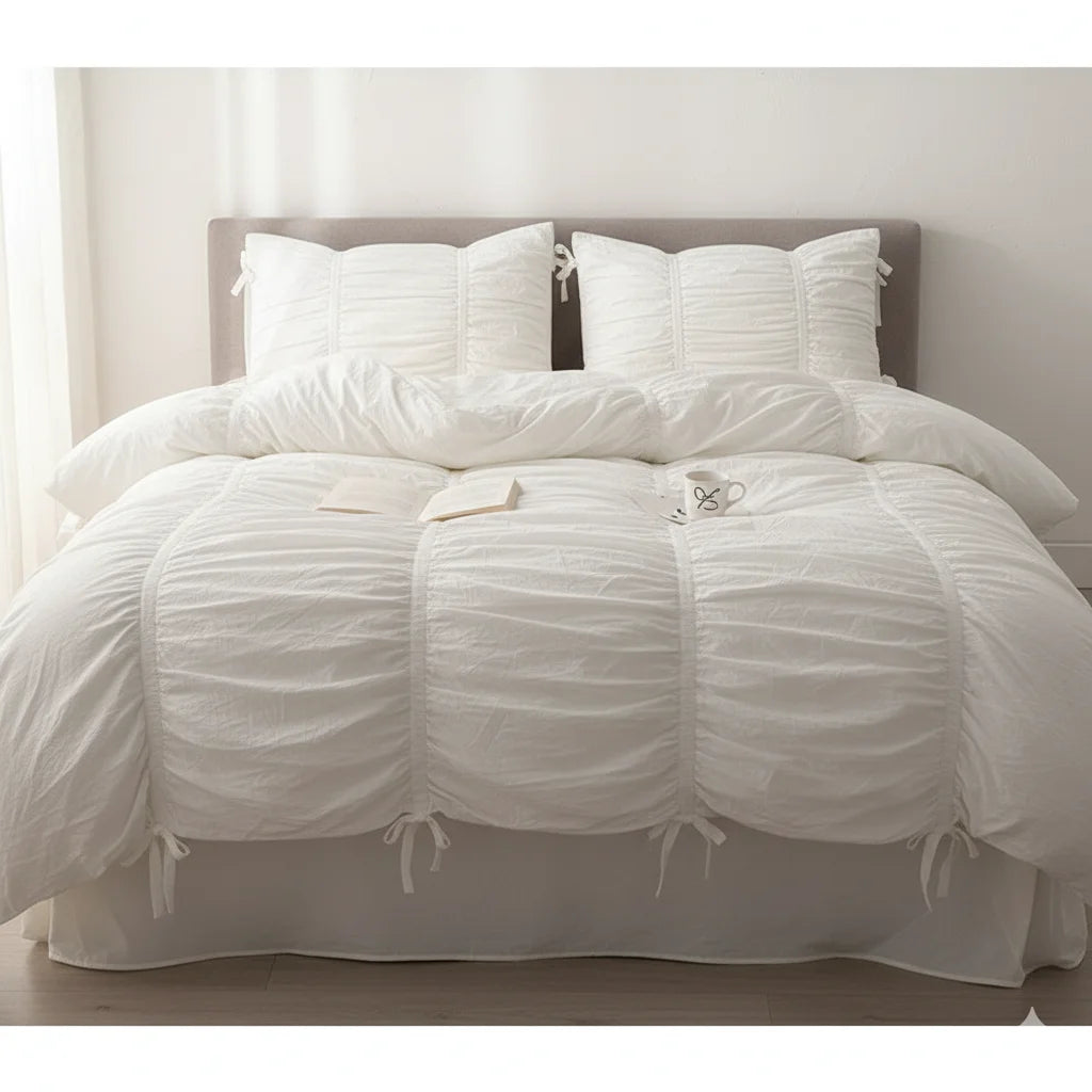 Washed Cotton Ruffle Bedding Set with Bow Ties – Pure White