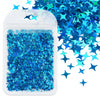A white adhesive backing sheet filled with blue and teal holographic star sequins for resin crafts.