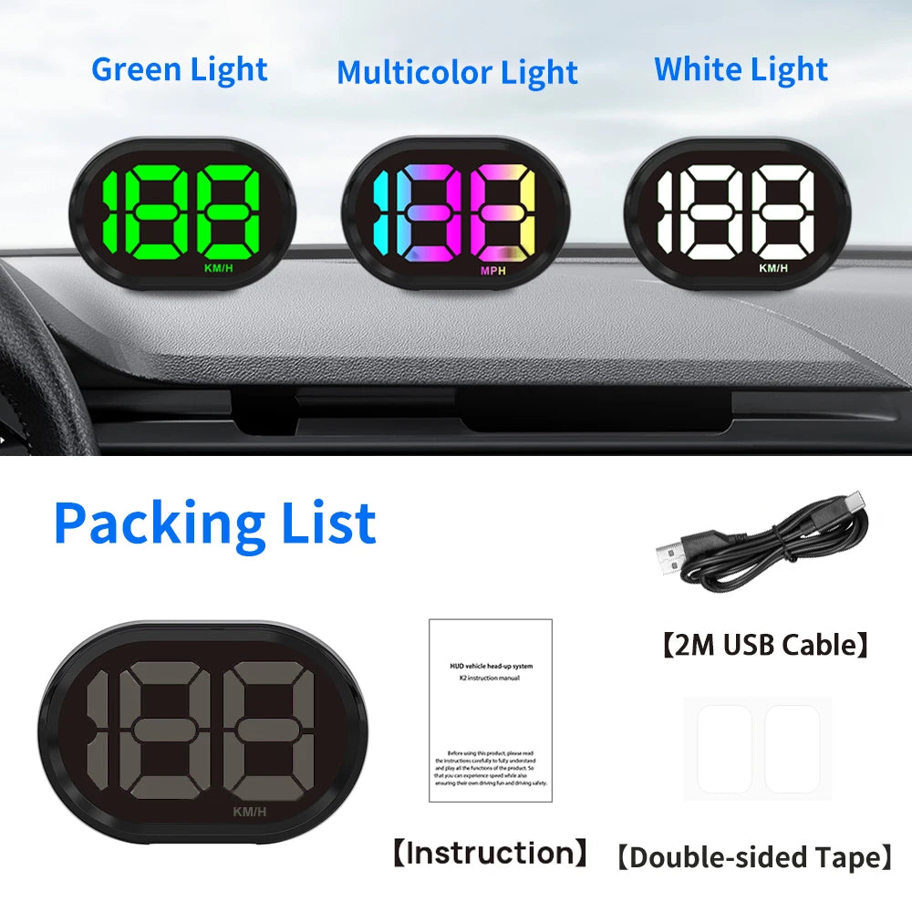 Three versions of a GPS speedometer display showing green multicolor and white light options for vehicle use