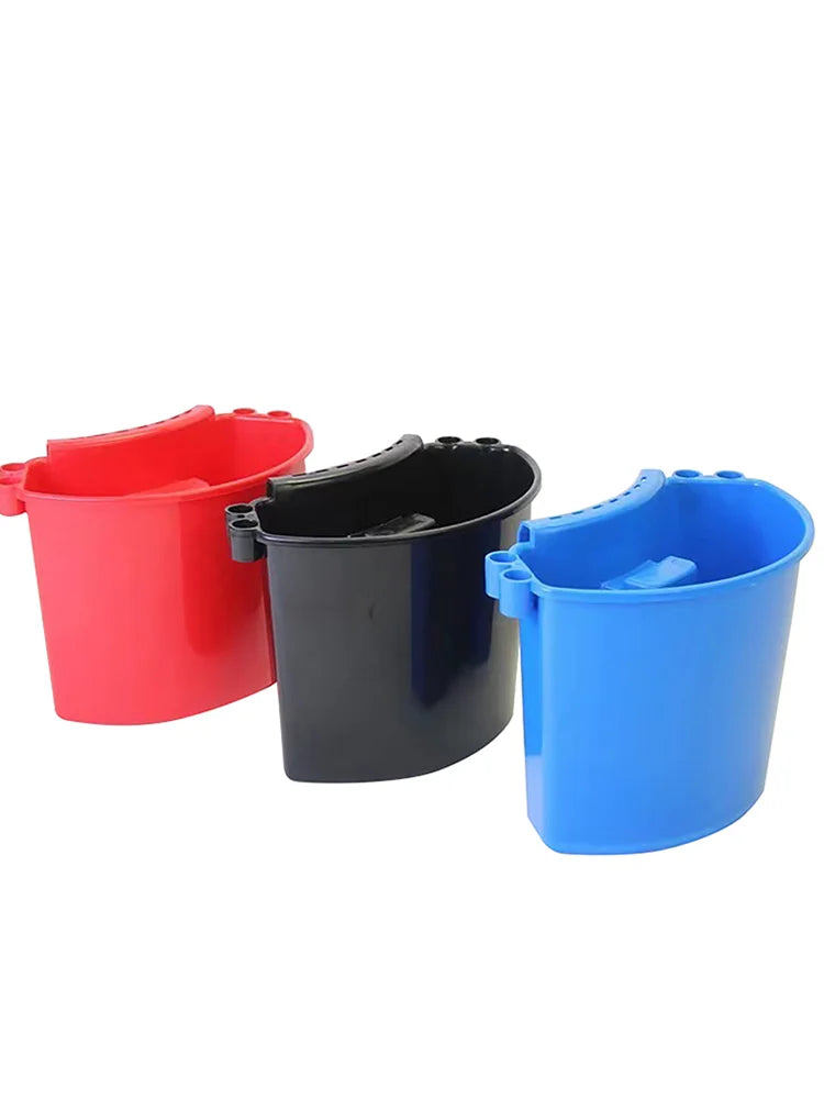 Three colored plastic bucket organizers or caddies for storing tools