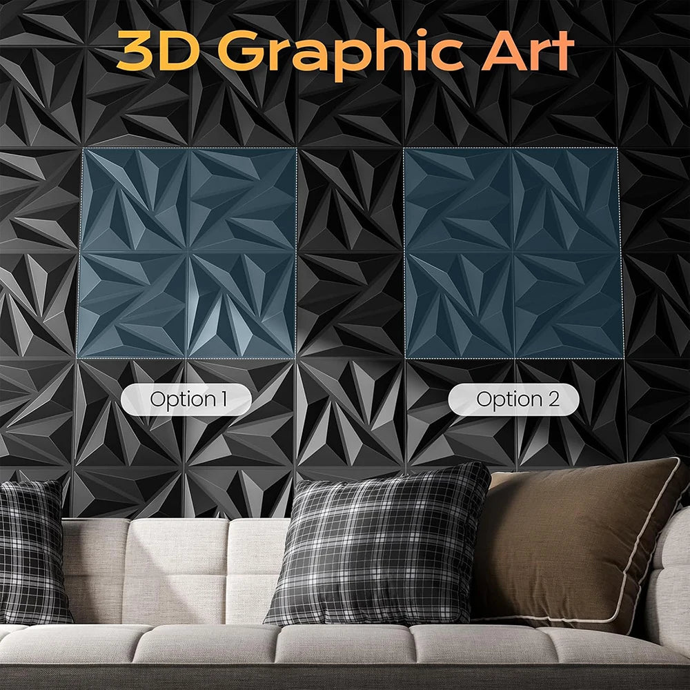 Two panels of 3D graphic art featuring geometric diamond patterns on a dark wall background.