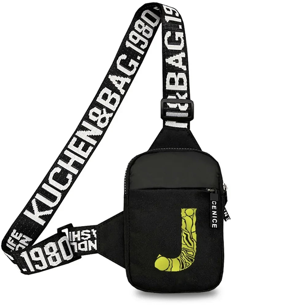 Black canvas chest bag with a wide strap featuring the text KUCHEN&BAG.1980