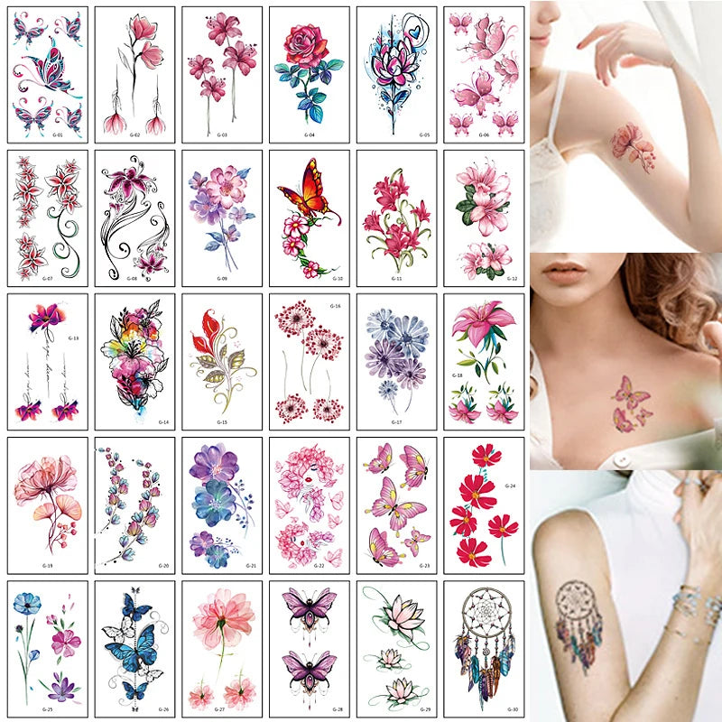 Colección de pegatinas de tatuajes temporales con diseños de luna, estrella, diablo y flor.