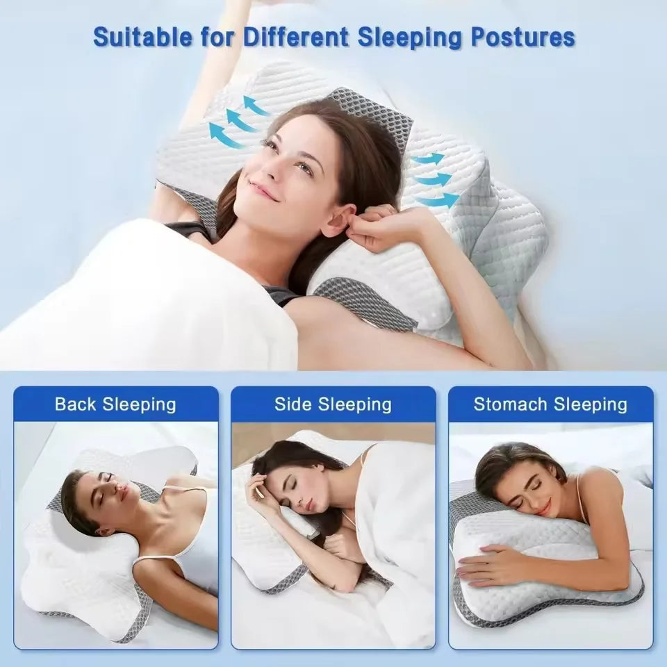 Demonstration of an ergonomic butterfly memory foam pillow used for back, side, and stomach sleeping postures.