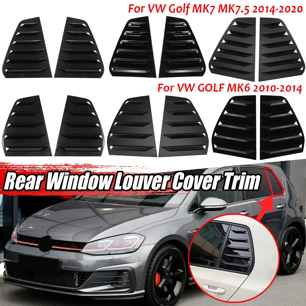 Black rear window louver cover trim for VW Golf MK6, 7, and 7.5 models.