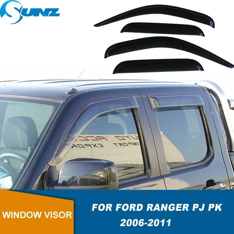 Black window visors for a Ford Ranger PJ PK truck.