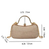 A beige shimmering envelope clutch with a gold chain strap, shown flat.