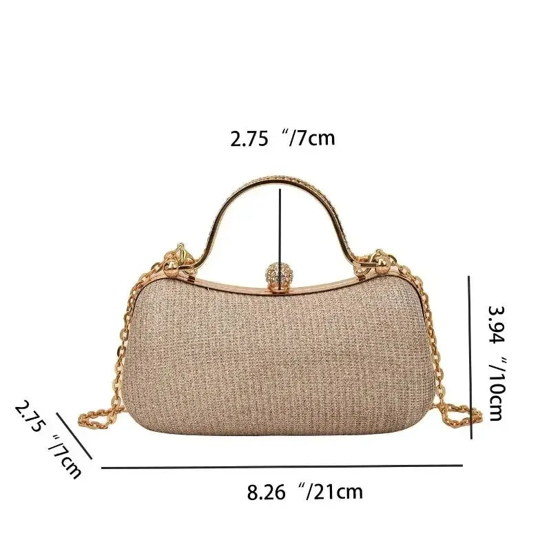 A beige shimmering envelope clutch with a gold chain strap, shown flat.