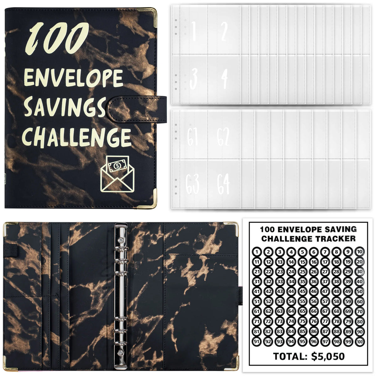 Marble A5 Savings Challenge Binder with 100 Cash Envelopes