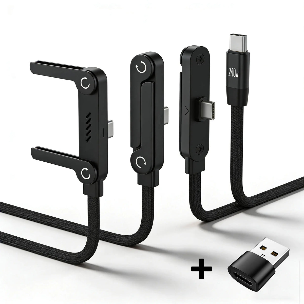 Black foldable phone stand and 240W USB-C fast charging cable with a connector.