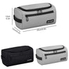 A light gray and black travel toiletry bag with a carry handle shown from the top and side.