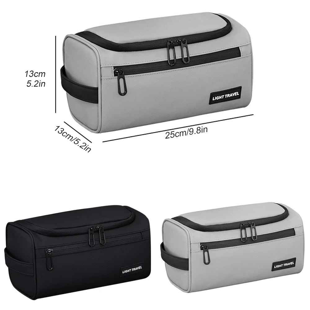 A light gray and black travel toiletry bag with a carry handle shown from the top and side.