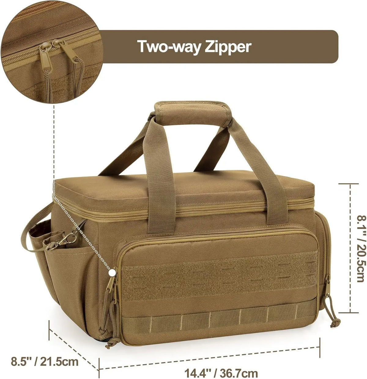 A tan heavy-duty tool bag featuring a two-way zipper, padded handle, and multiple storage pockets.