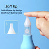 A hand is holding a blue baby nasal aspirator with a soft silicone tip, demonstrating its gentle design.