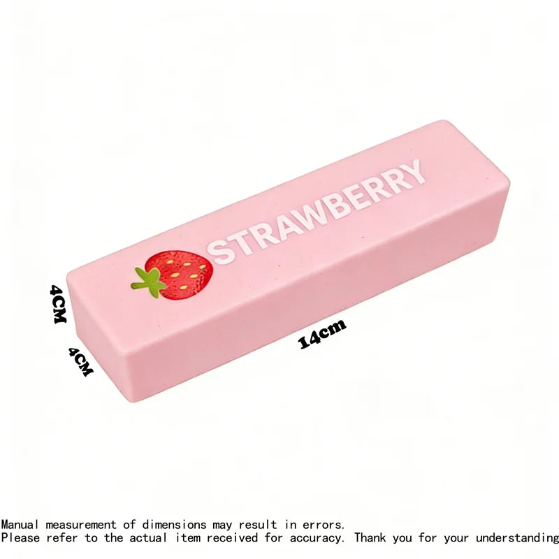 Pink strawberry shaped squishy butter block fidget toy with dimensions 4cm by 14cm