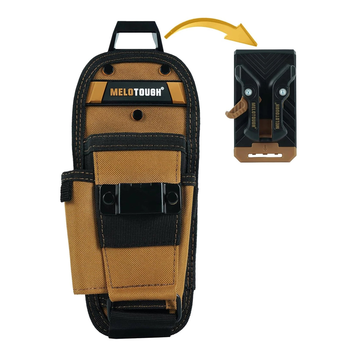 A tan and black durable tool pouch with a quick-release belt clip is shown, along with an isolated view of the clip.