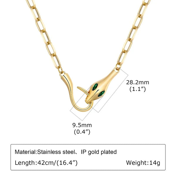 Collier à maillons en acier inoxydable plaqué or avec pendentif vert et chaîne de 42 cm.