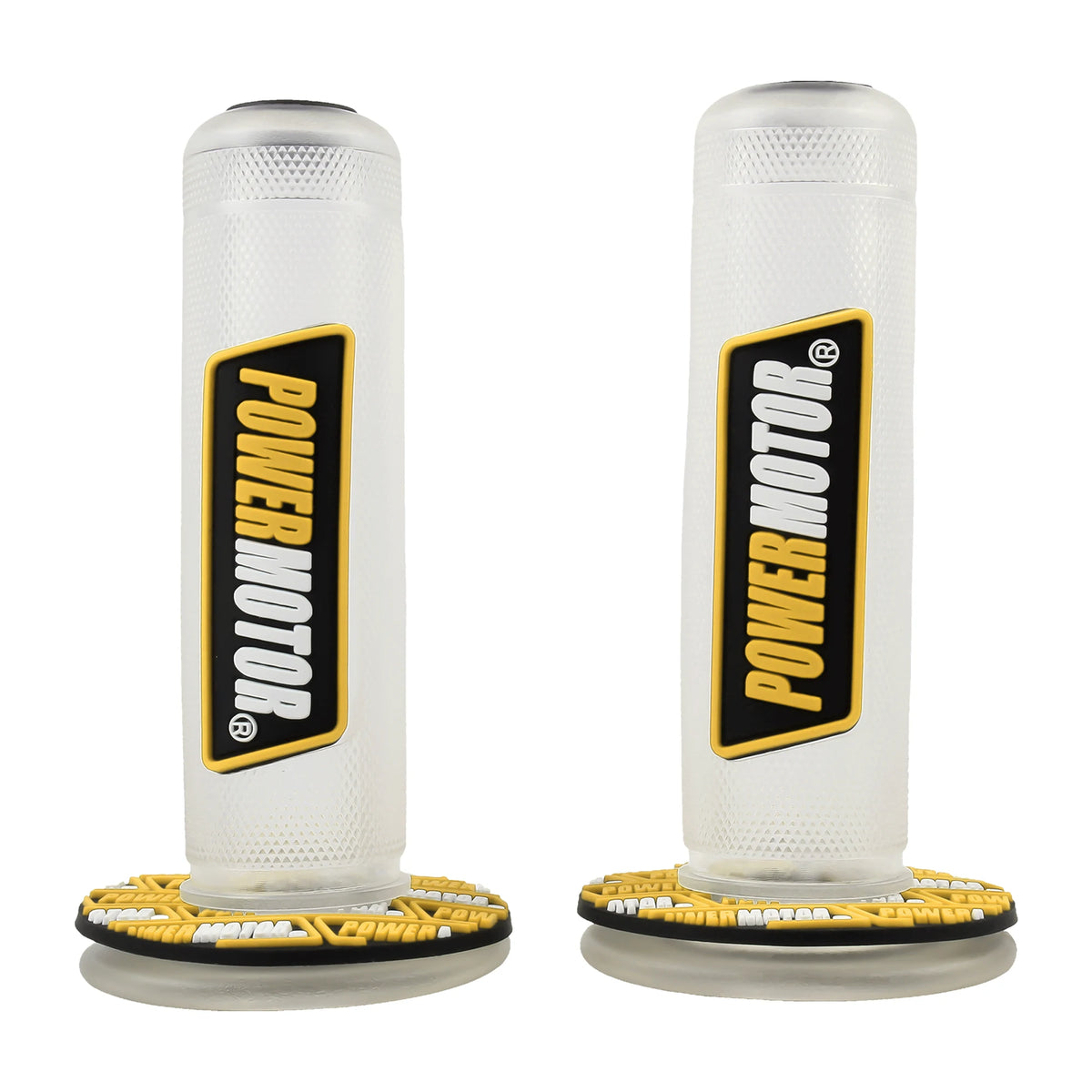 A pair of white motorcycle handlebar grips labeled POWER MOTOR with yellow text and black background.