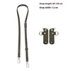 A set of dark olive green leather mini bag straps with alloy buckles and specified dimensions.