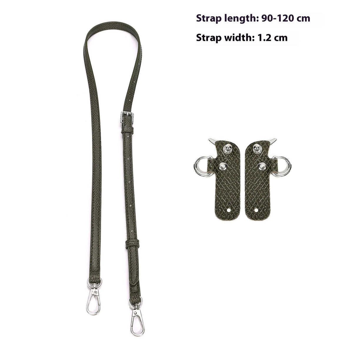 A set of dark olive green leather mini bag straps with alloy buckles and specified dimensions.