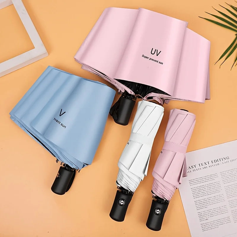 A set of pink and blue automatic compact umbrellas with black handles and a white text editing sheet.