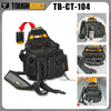 Black ToughBuilt TB-CT-104 electrician tool pouch with belt clip and kickstand shown in various views.