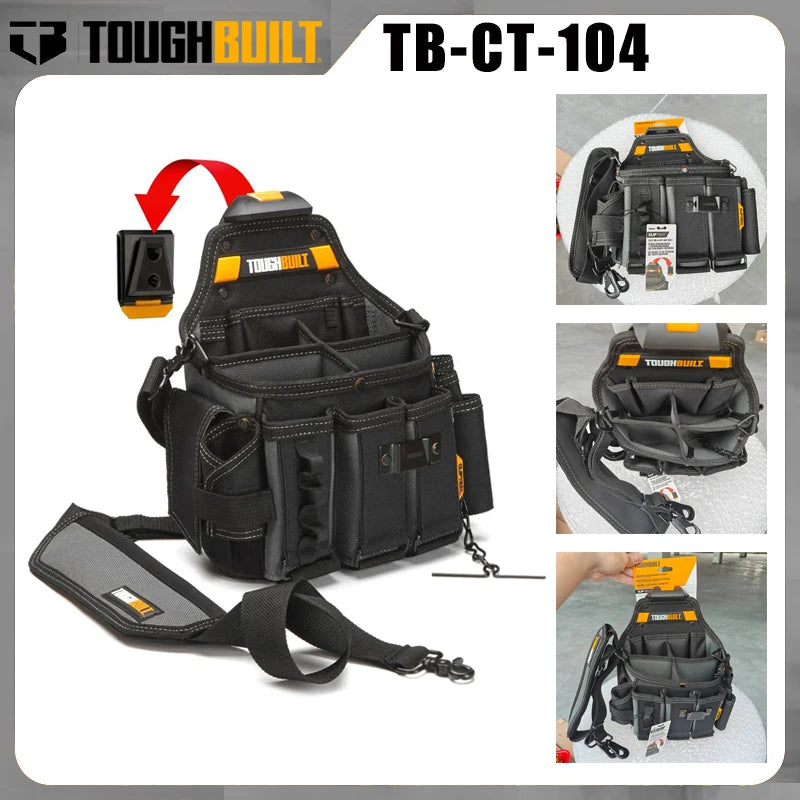 Black ToughBuilt TB-CT-104 electrician tool pouch with belt clip and kickstand shown in various views.
