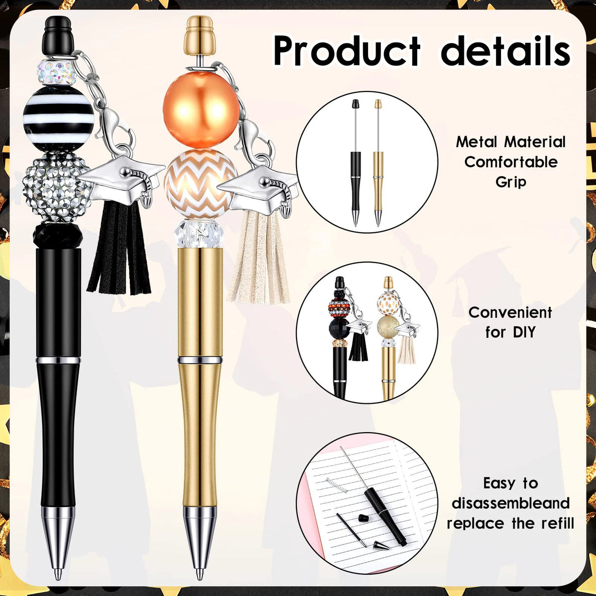 A set of customizable beadable ballpoint pens shown with details on material, grip, and ease of disassembly