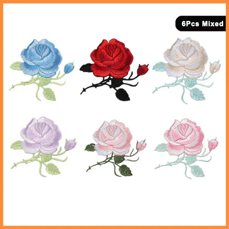 Six mixed embroidered iron-on patches featuring various colors and shades of roses.