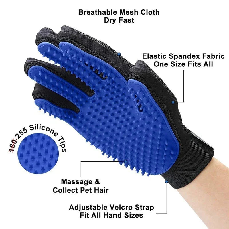 Blue silicone pet grooming gloves with massage tips and an adjustable velcro strap for hair removal