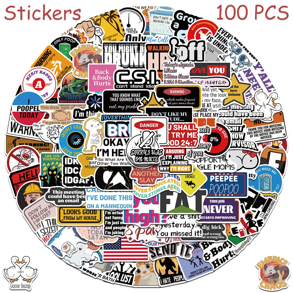 A circular arrangement of funny cartoon meme vinyl stickers featuring various humorous text and illustrations.