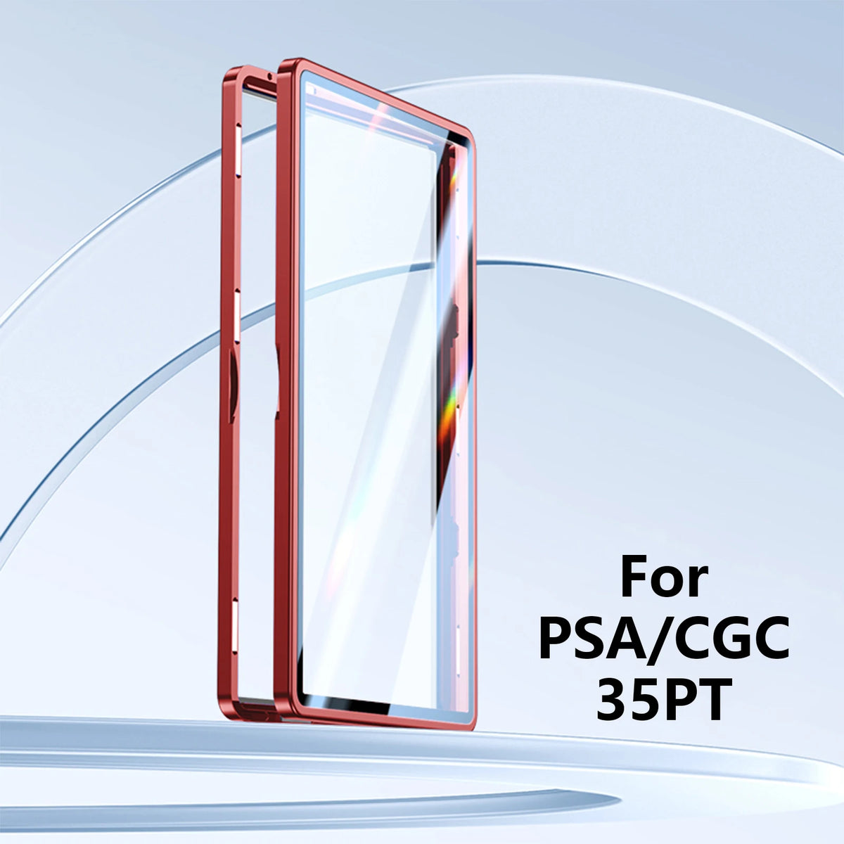 A clear protective display case for a trading card, featuring a rose gold frame and glass panel.