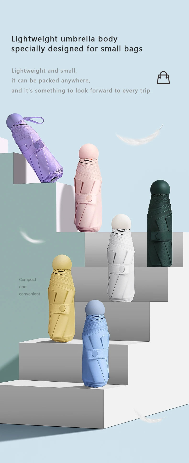 A collection of lightweight umbrella bodies in various colors, including purple, pink, green, and blue, displayed on steps.