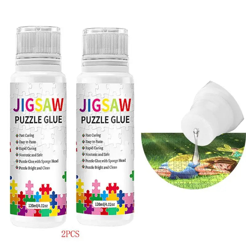 Two bottles of jigsaw puzzle glue for diamond painting with a glossy finish