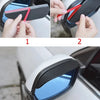 Demonstration of installing carbon fiber rain and sun visors on a car side mirror.