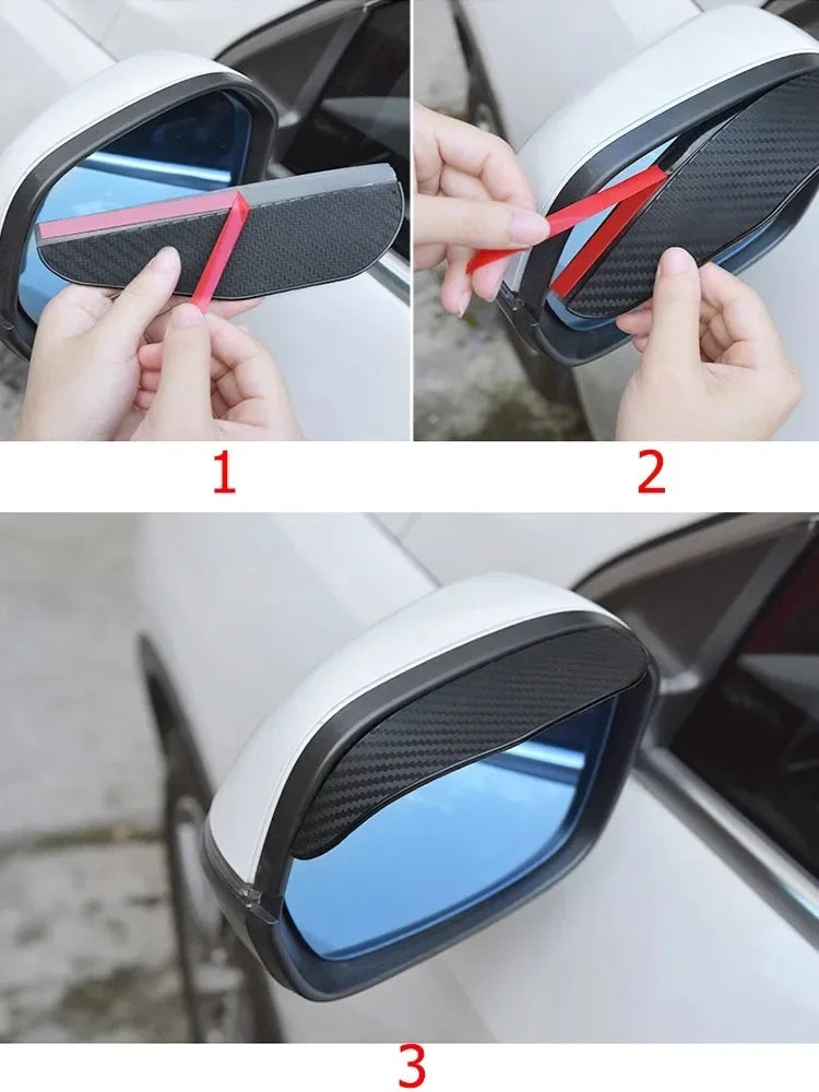 Demonstration of installing carbon fiber rain and sun visors on a car side mirror.