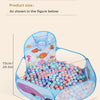 A blue foldable ball pool with a basketball hoop, filled with colorful plastic balls.