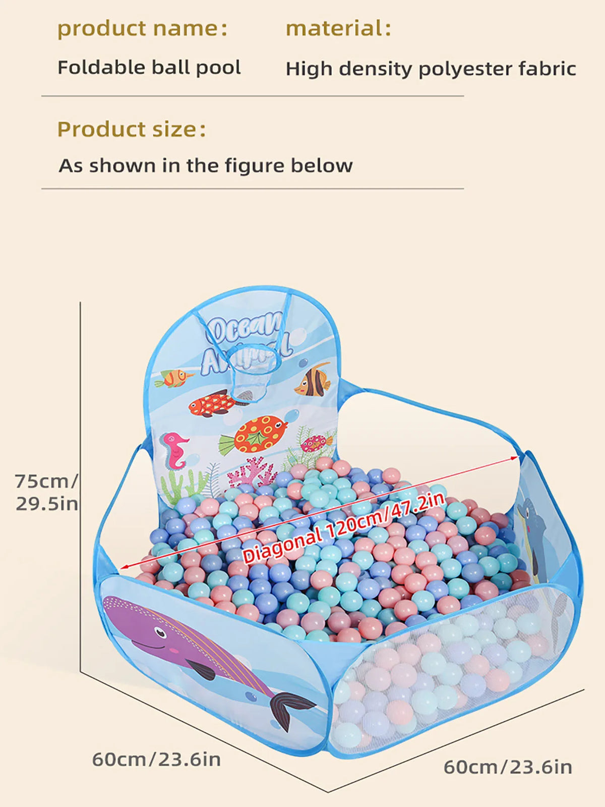 A blue foldable ball pool with a basketball hoop, filled with colorful plastic balls.
