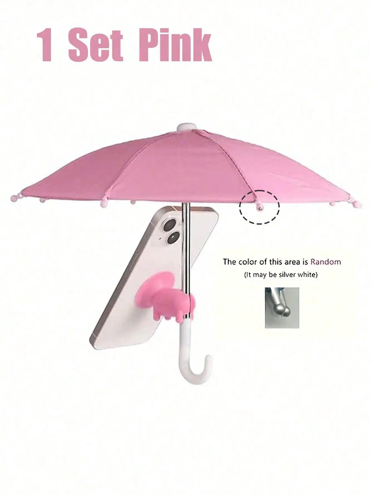 A pink UV-blocking phone sunshade with an adjustable suction cup stand is shown above a smartphone.