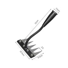 A black garden hand rake with a long, flexible handle and a flat head, shown against a white background.