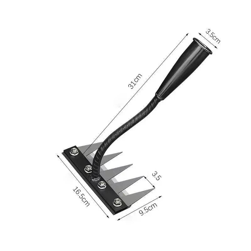 A black garden hand rake with a long, flexible handle and a flat head, shown against a white background.