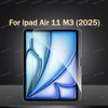 A close-up view of a tempered glass screen protector for an iPad Air 11 M3 showing blue and purple light refraction.