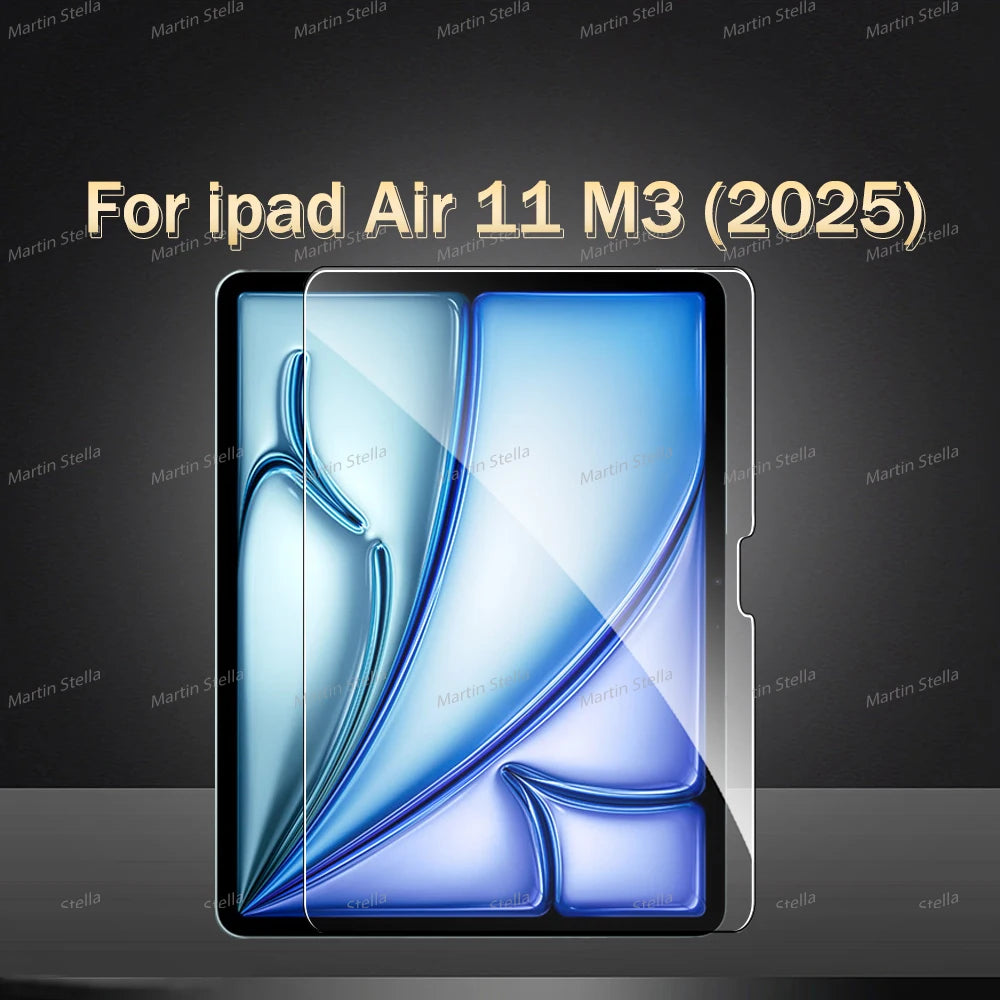 A close-up view of a tempered glass screen protector for an iPad Air 11 M3 showing blue and purple light refraction.