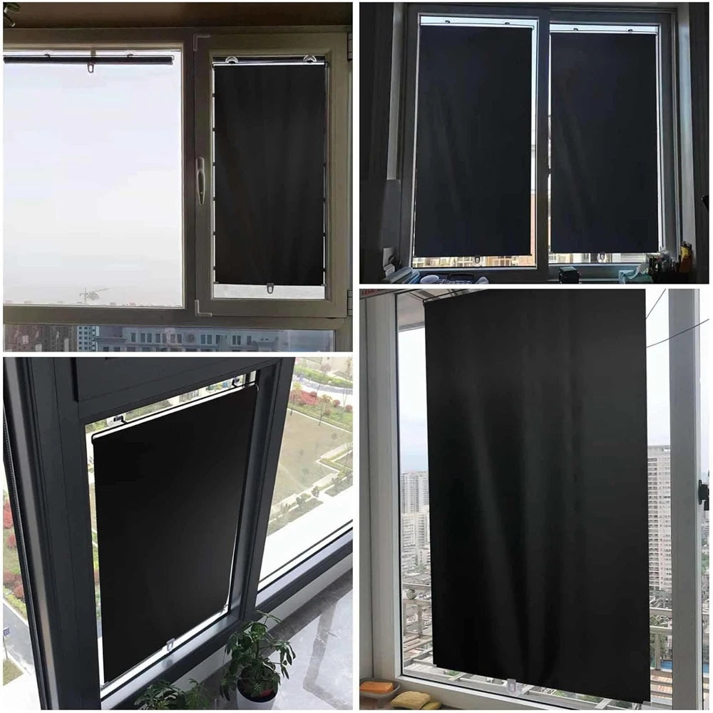 Close-up views of cordless retractable roller shades in black, showing various installation and window applications.