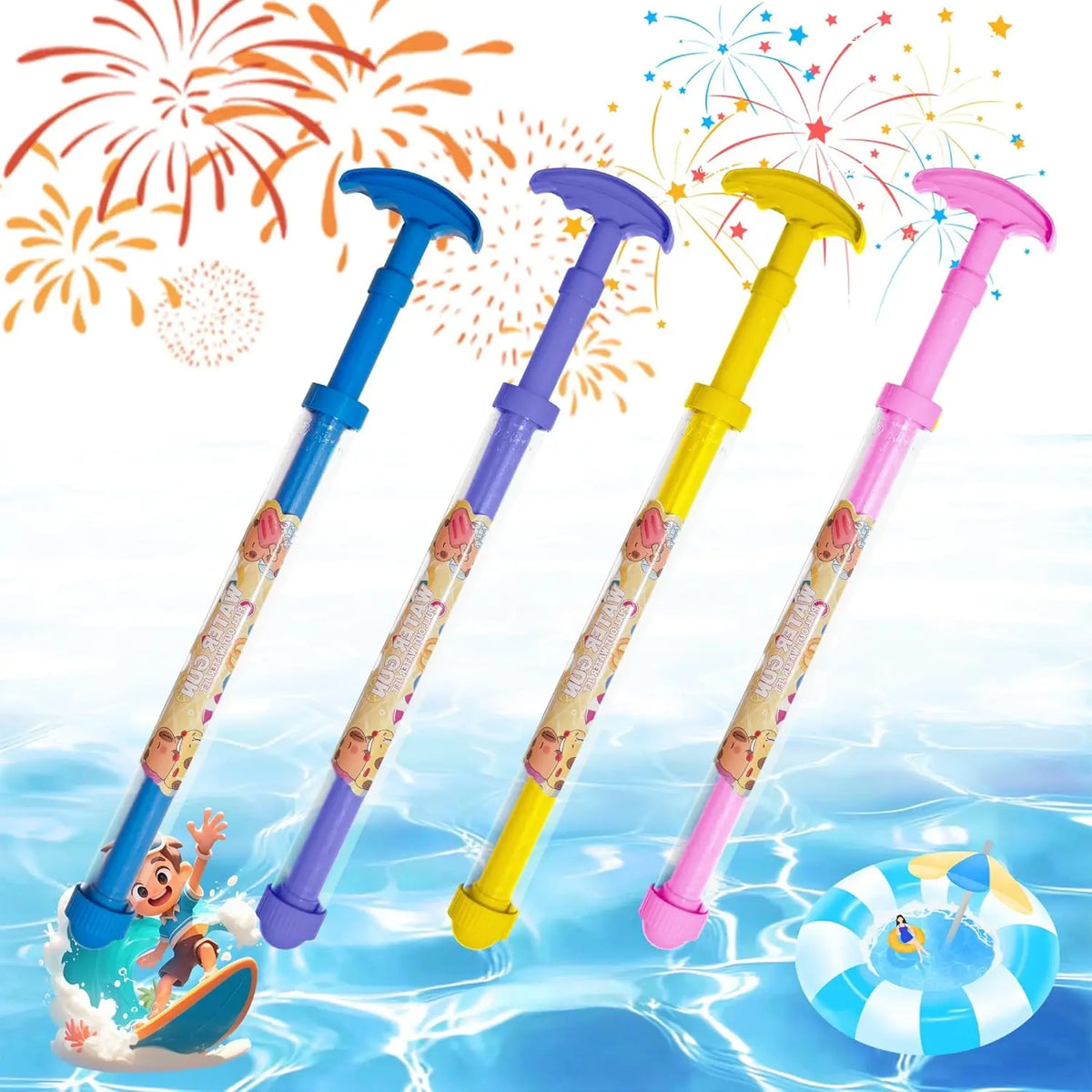 Five colorful foam water blaster toys with multi-hole spray nozzles floating in clear blue water.